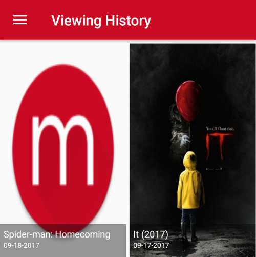 Image of the viewing history screen from the MoviePass app showing two movies: Spider-man: Homecoming on 9-18-2017 and It on 9-17-2017