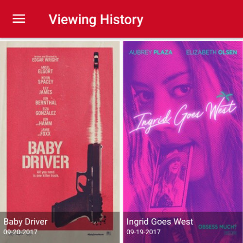 Image of the viewing history screen from the MoviePass app showing two movies: Baby Driver on 9-20-2017 and Ingrid Goes West on 9-19-2017