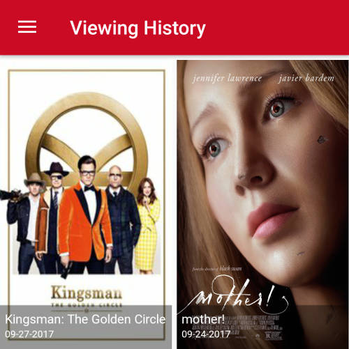 Image of the viewing history screen from the MoviePass app showing two movies: Kingsman: The Golden Circle on 9-27-2017 and mother! on 9-24-2017