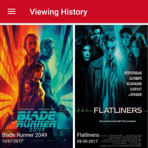 Image of the viewing history screen from the MoviePass app showing two movies: Blade Runner 2049 on 10-7-2017 and Flatliners on 9-30-2017
